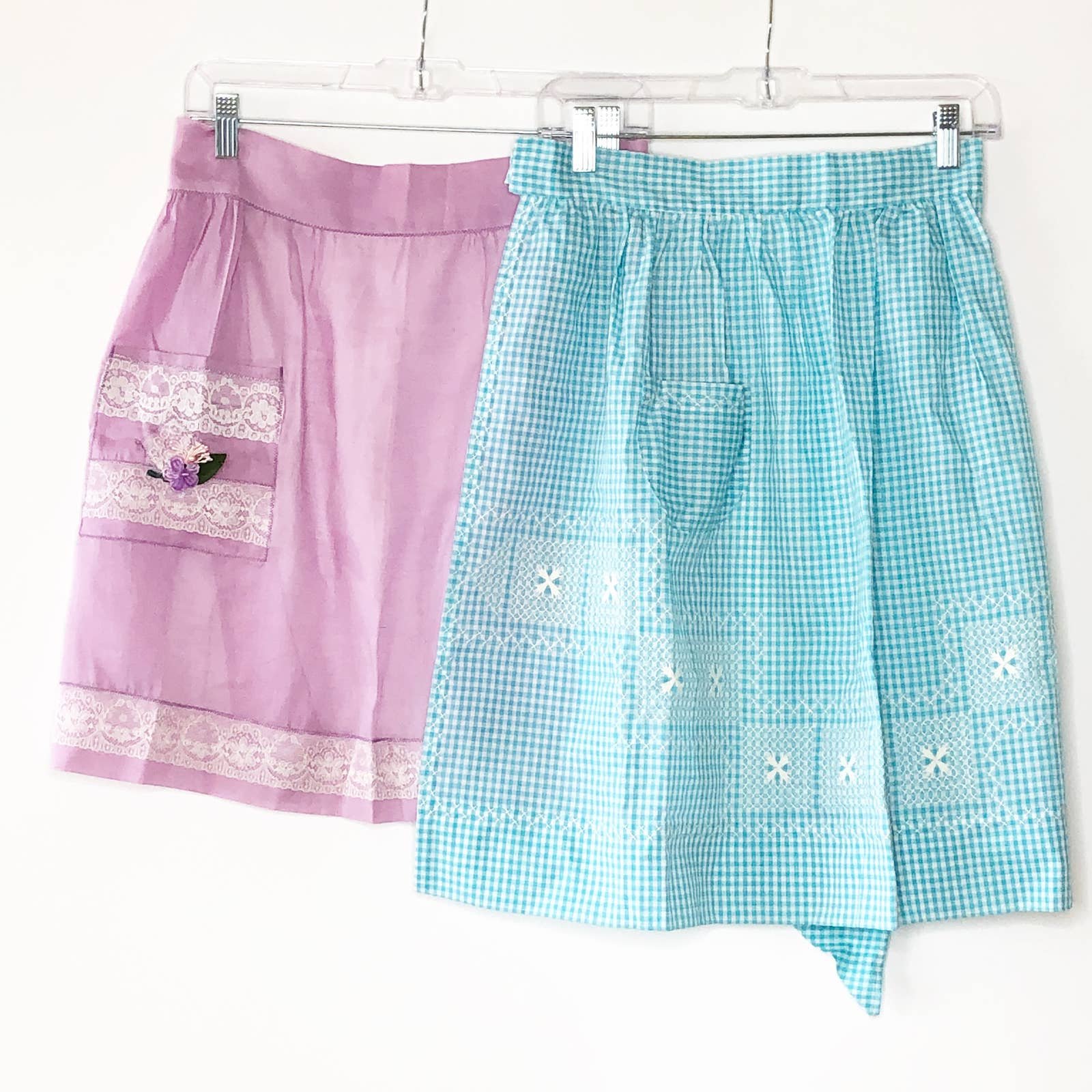 Vintage Apron Set Pink & Blue Gingham Lace & Embroidery Half apron Hostess BwDExSsEu