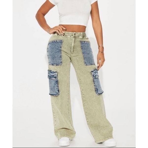 Womans Retro Acid Wash Cargo Jeans - Olive/combo Multiple Size 2b160JRwo