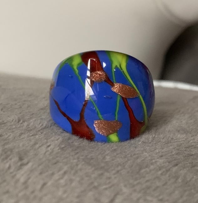 Vintage Murano Art Glass Ring Periwinkle Blue Chartreus