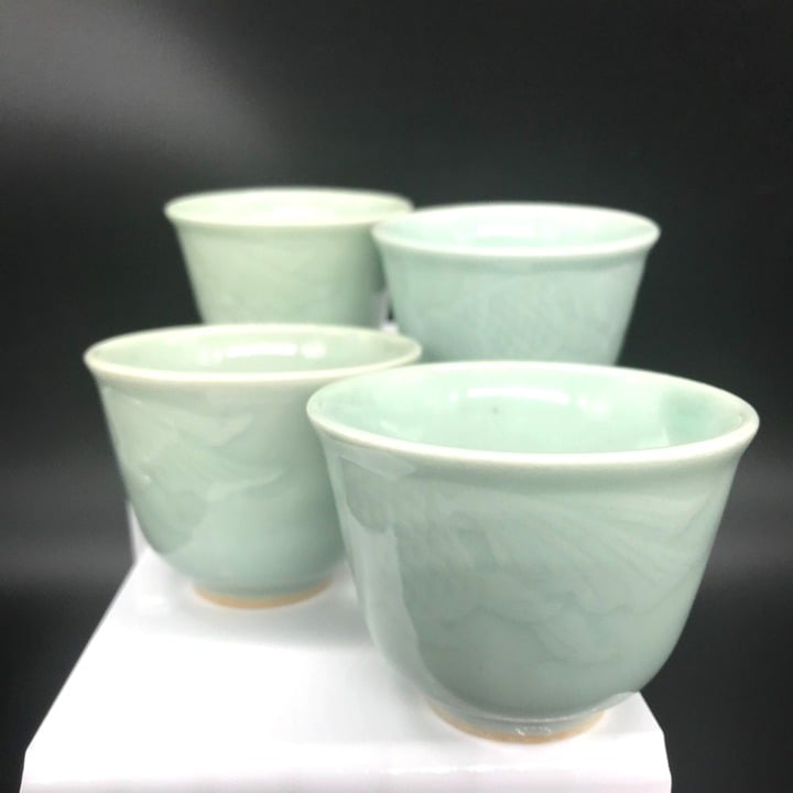 Vintage Celadon Tea Cups Set with Koi Fish Relief, Lot 