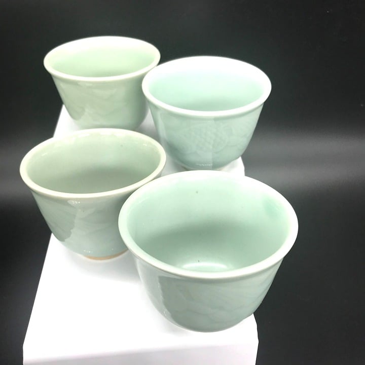 Vintage Celadon Tea Cups Set with Koi Fish Relief, Lot of 4 fBjkHoryQ