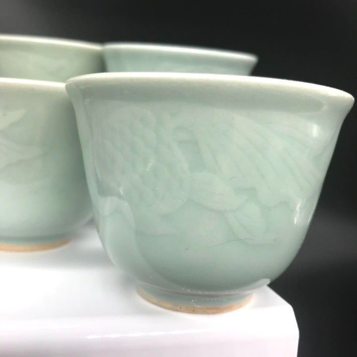 Vintage Celadon Tea Cups Set with Koi Fish Relief, Lot of 4 fBjkHoryQ