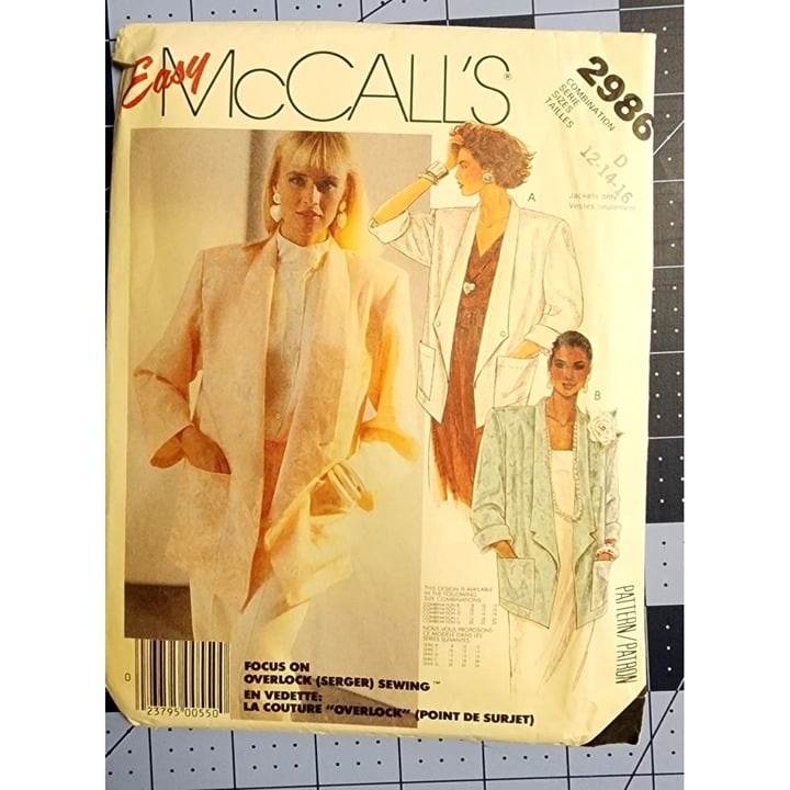 McCall´s 2986 Unlined Jacket Long Sleeve Jacket W/Shoulder Pads Size 12-16 bzdPc7iNA