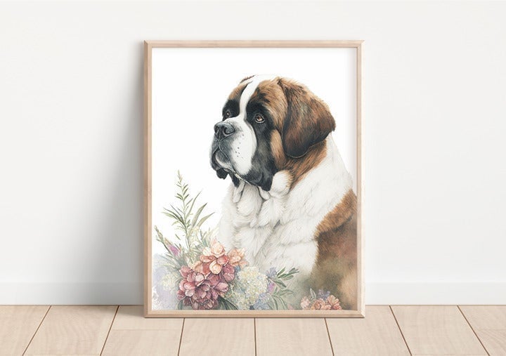 St. Bernard and Flowers 8x10 Watercolor Style Art Print (Frame Not Included) aI7oV6UgP