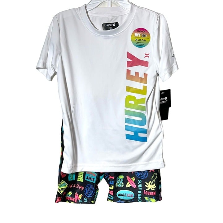 Hurley 4T NWT swim trunks rash guard shirt SET white neon black sticker print 4DtTfdiiQ