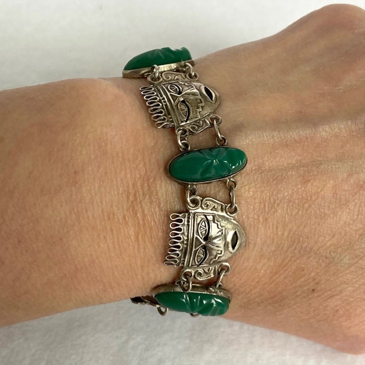 VTG Sterling Silver 925 SCF Mexico Carved Green Onyx Mayan Face Panel Bracelet 7 FDVJlLUE7