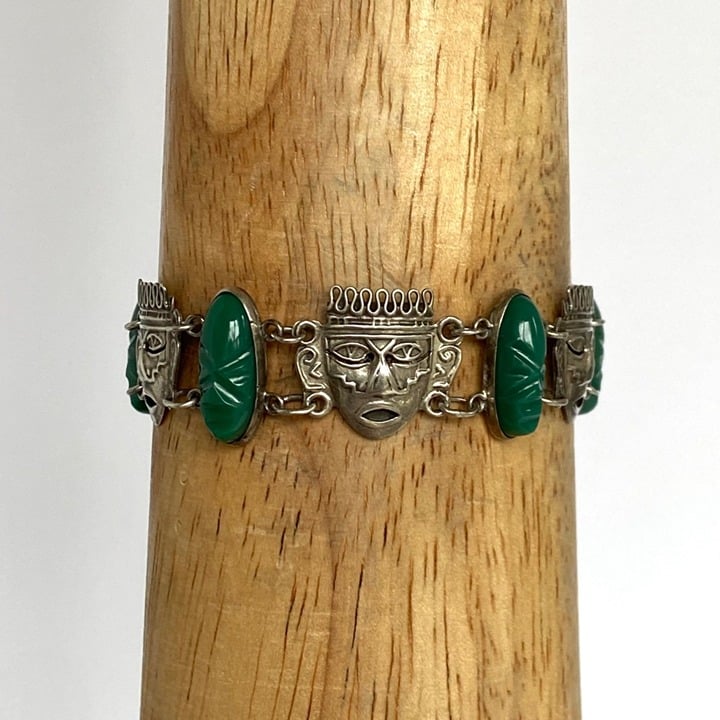 VTG Sterling Silver 925 SCF Mexico Carved Green Onyx Mayan Face Panel Bracelet 7 FDVJlLUE7