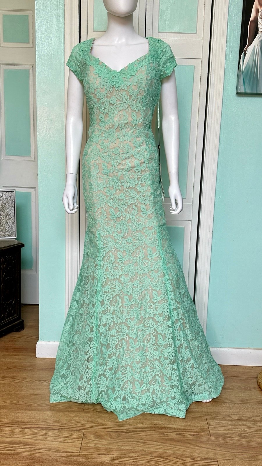 Size 12 Lace Mermaid Mint Green Nude lining Fitted gown