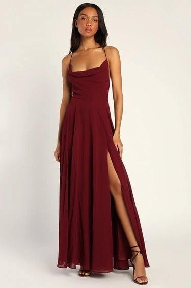 Romantically Speaking Burgundy Cowl Lace-Up Maxi Dress 