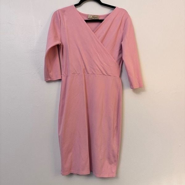 Hybrid & Company V Neck 3/4 Sleeve Faux Wrap Shift Mini Dress Pink Size Large 768zQzTbc