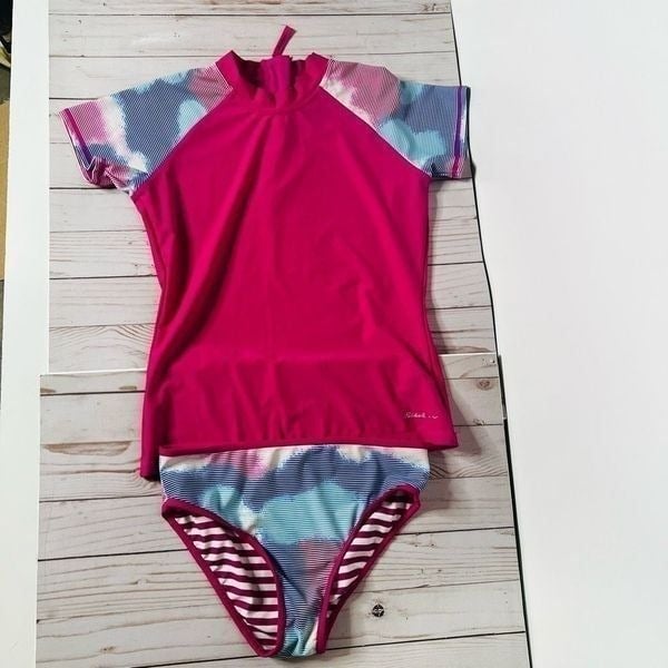 Eddie Bauer Rashgaurd Swim Top and Bottoms Set Pink Blue Stripes Reversible g0H7Kn5rj
