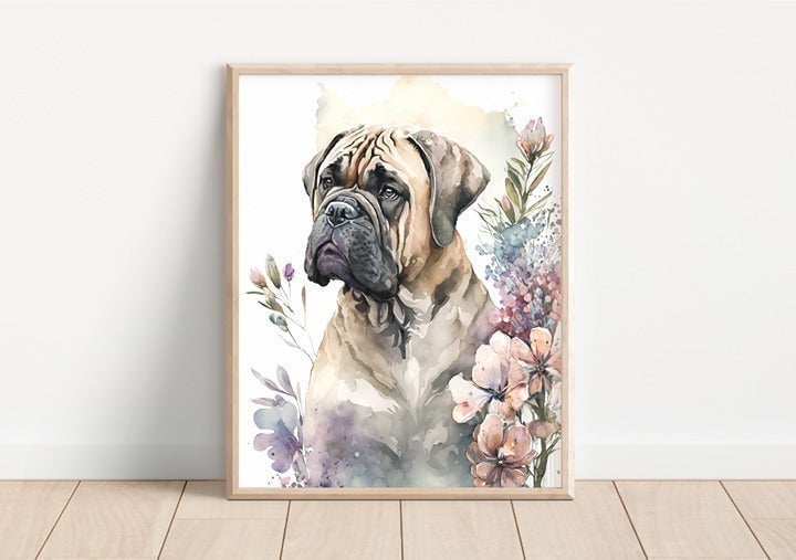 Bullmastiff with Flowers 8x10 Watercolor Style Art Print (Frame Not Included) c4cf20py0