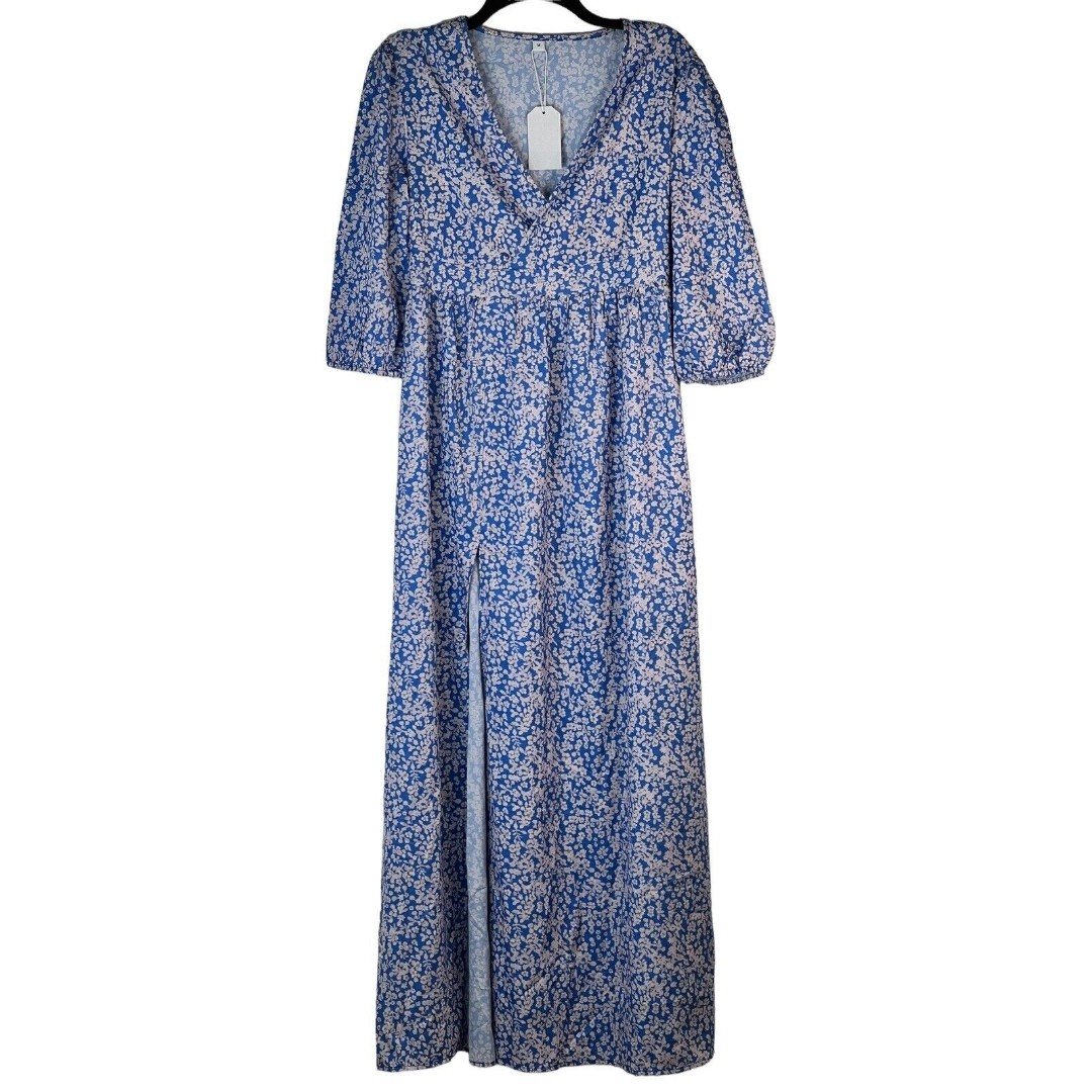 NWOT Womens 3/4 sleeve blue/white floral maxi dress w/ 