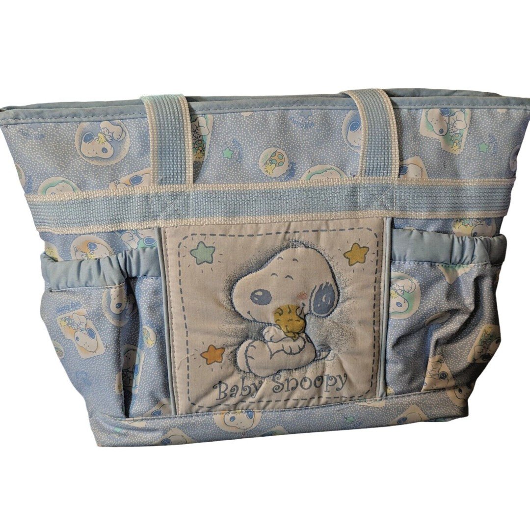 Vintage Baby Snoopy Blue Insulated Shoulder Diaper Bag w/ Matching Changing Pad DC4hg0stW