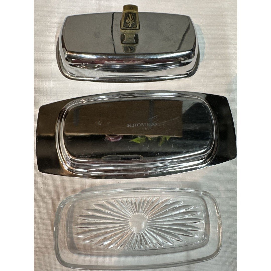 Vintage MCM Kromex Silver Chrome Butter Dish w/Glass Insert/ Retro Leaf Top/ USA GCNXdctlS