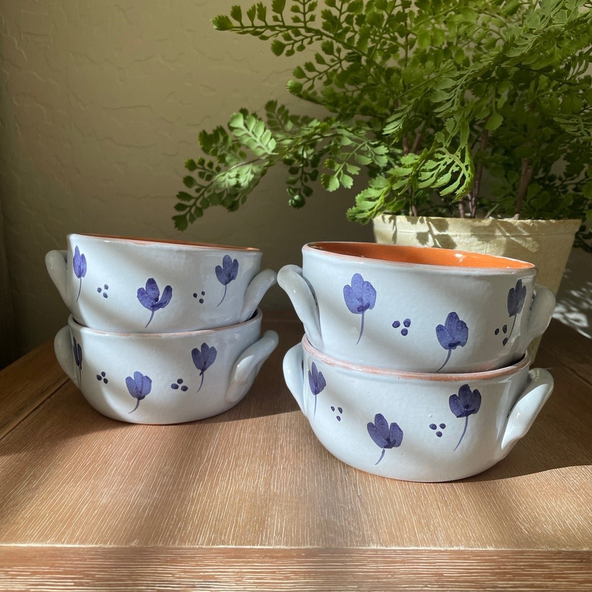 Boho Vintage Set of 4 Blue Floral Painted Soup Bowls dFFmZR5TB