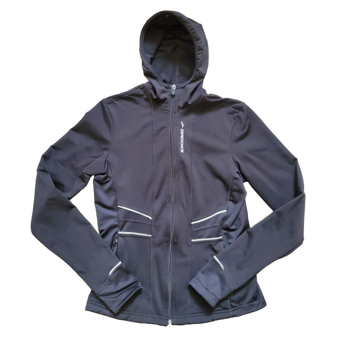 Brooks Women Medium Zip Up Jacket Running Warm Up Fleece Hoodie Pocket Thumbhole bruu7n2Mg