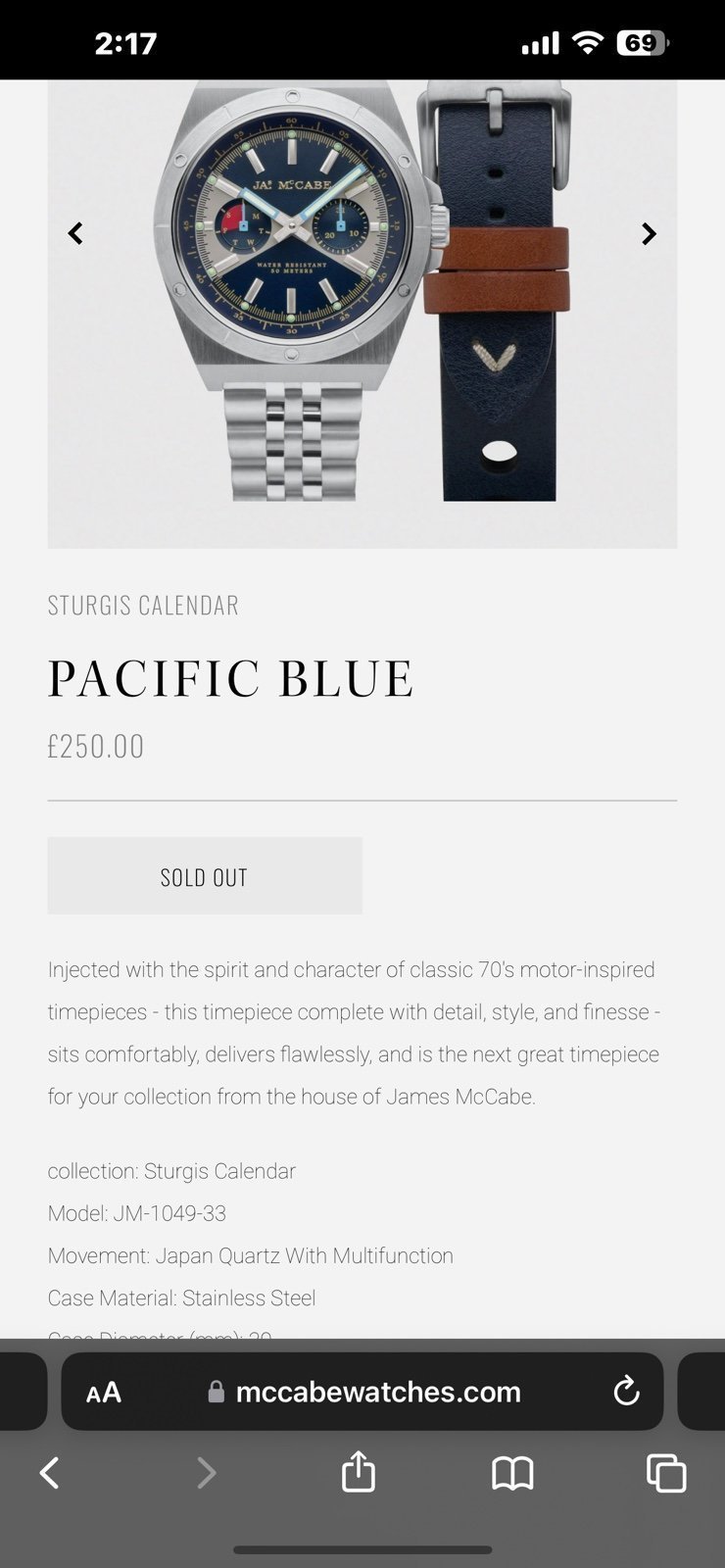 James Mc.Cabe London Sturgis Calendar Pacific Blue Watch 89PnKigz0