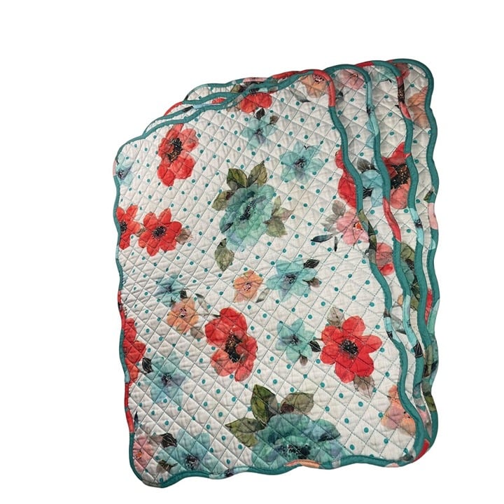 Pioneer Woman Placemat Set x4 Vintage Bloom Reversible Quilted Floral Teal ACOPq9e8d