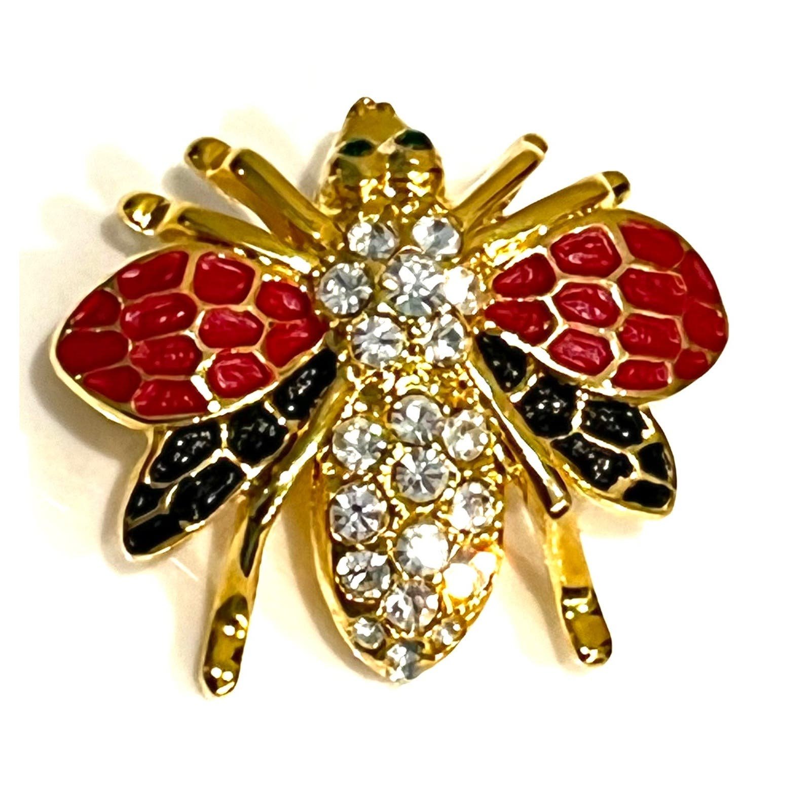 VTG BEE BROOCH Pin 1-1/2” Double Wing Crystal Rhinestone Enameled Gold Red Black 1faWBakp2