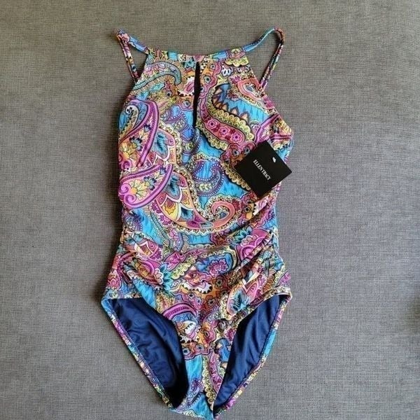 Ellen Tracy Key Hole High Neck One Piece Swimsuit Bathing Suit Size 8 f23nr5k7E