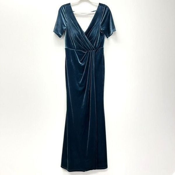 Revelry Giselle Desert Blue Velvet Faux Wrap Maxi Gown 