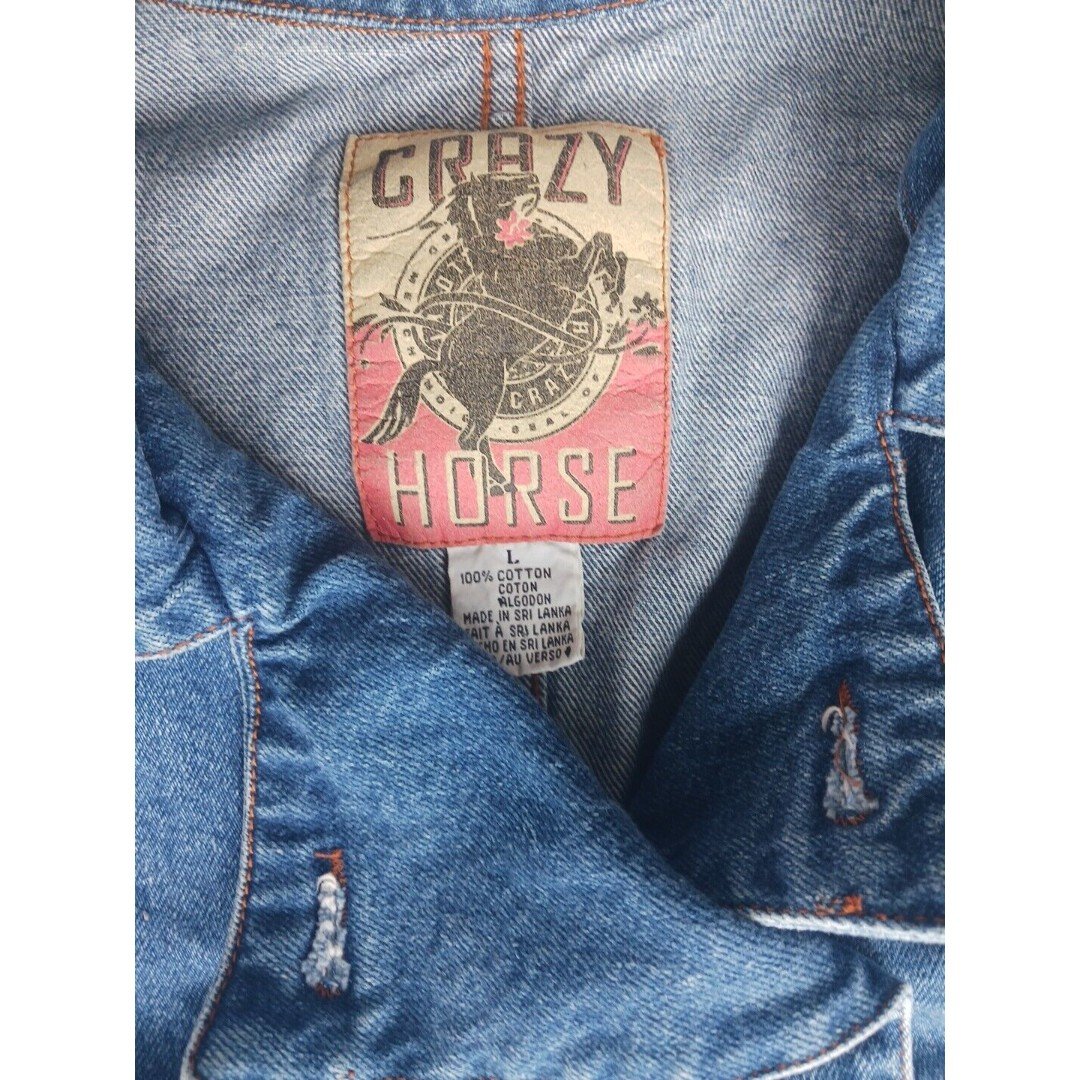 Crazy Horse Denim Jean Jacket Womens L Blue Cotton Double Breasted w/ Pockets EUuEi5nMi