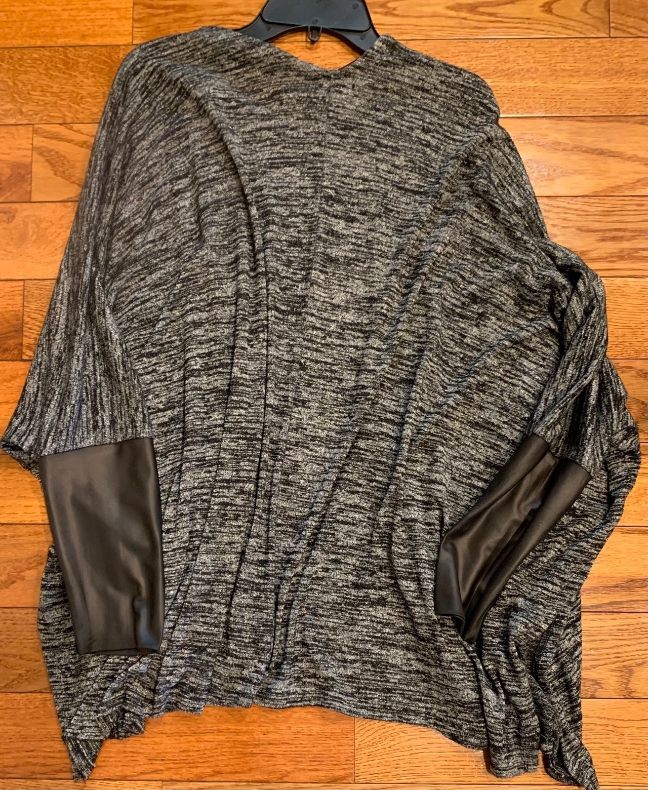 DKNY Jeans Black and Grey Open Waterfall Cardigan Faux Leather Sleeve Womens M AXRFAXoyV