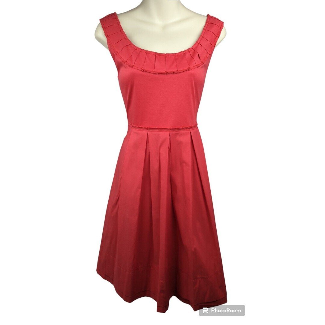 Elie Tahari Red Cotton Dress Fit Flare A-line Pleated Sundress Ribbon Nice M 10 4L02l1ZeL