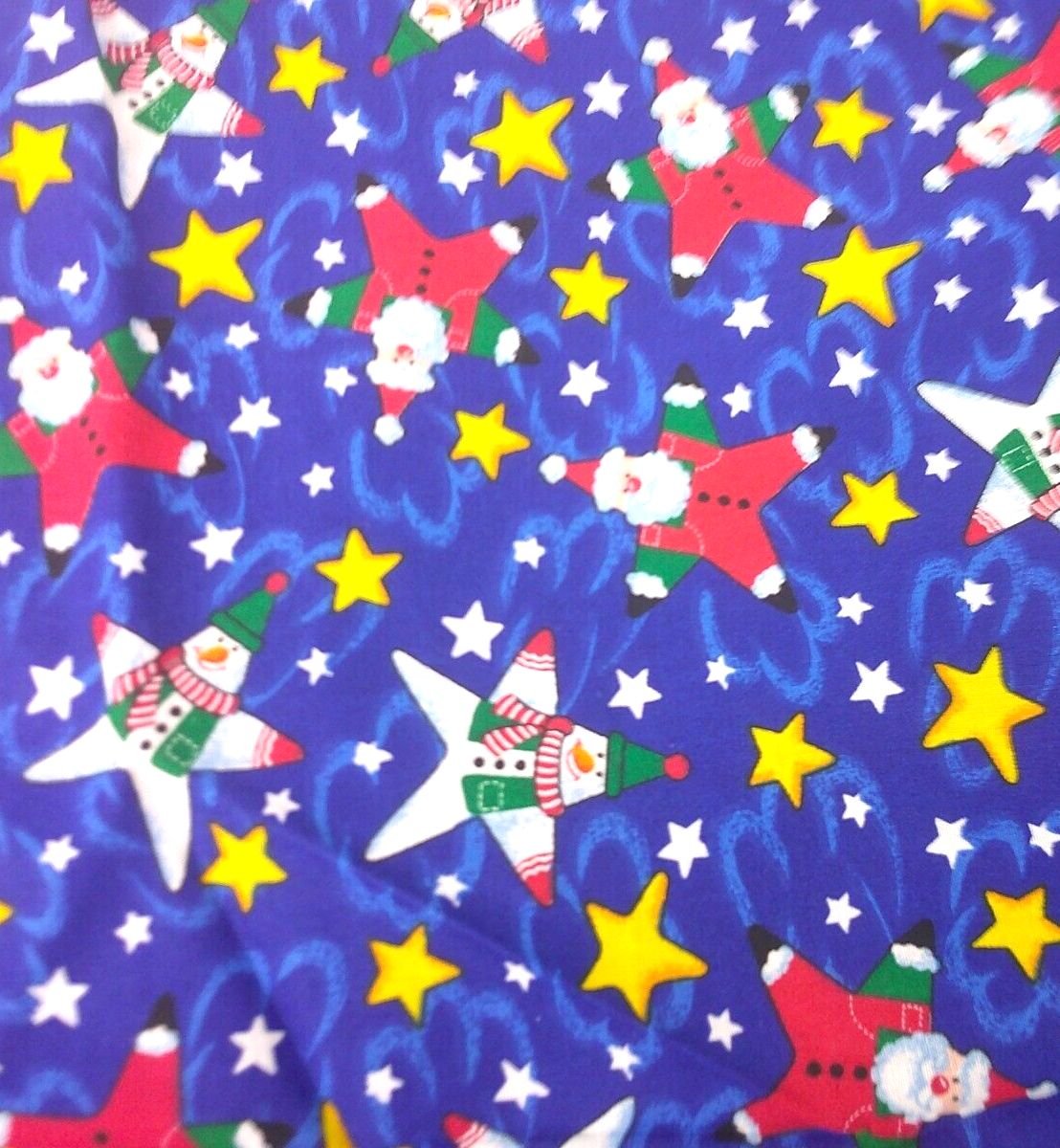 Santa Claus Snowman Stars Christmas Fabric Vintage OOP 