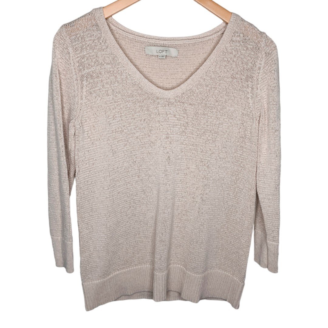 LOFT textured cotton v-neck sweater beige size medium A