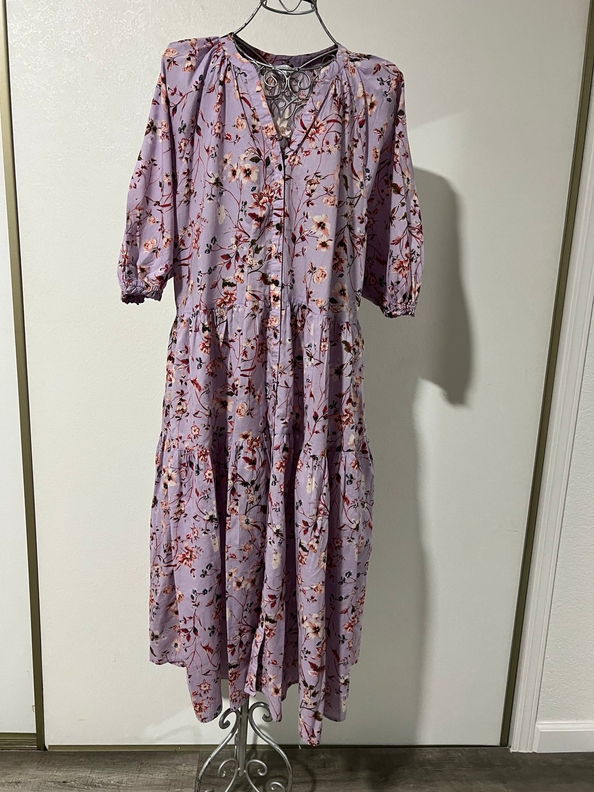 Time and True Floral Lilac Tiered Maxi Boho Dress Size 