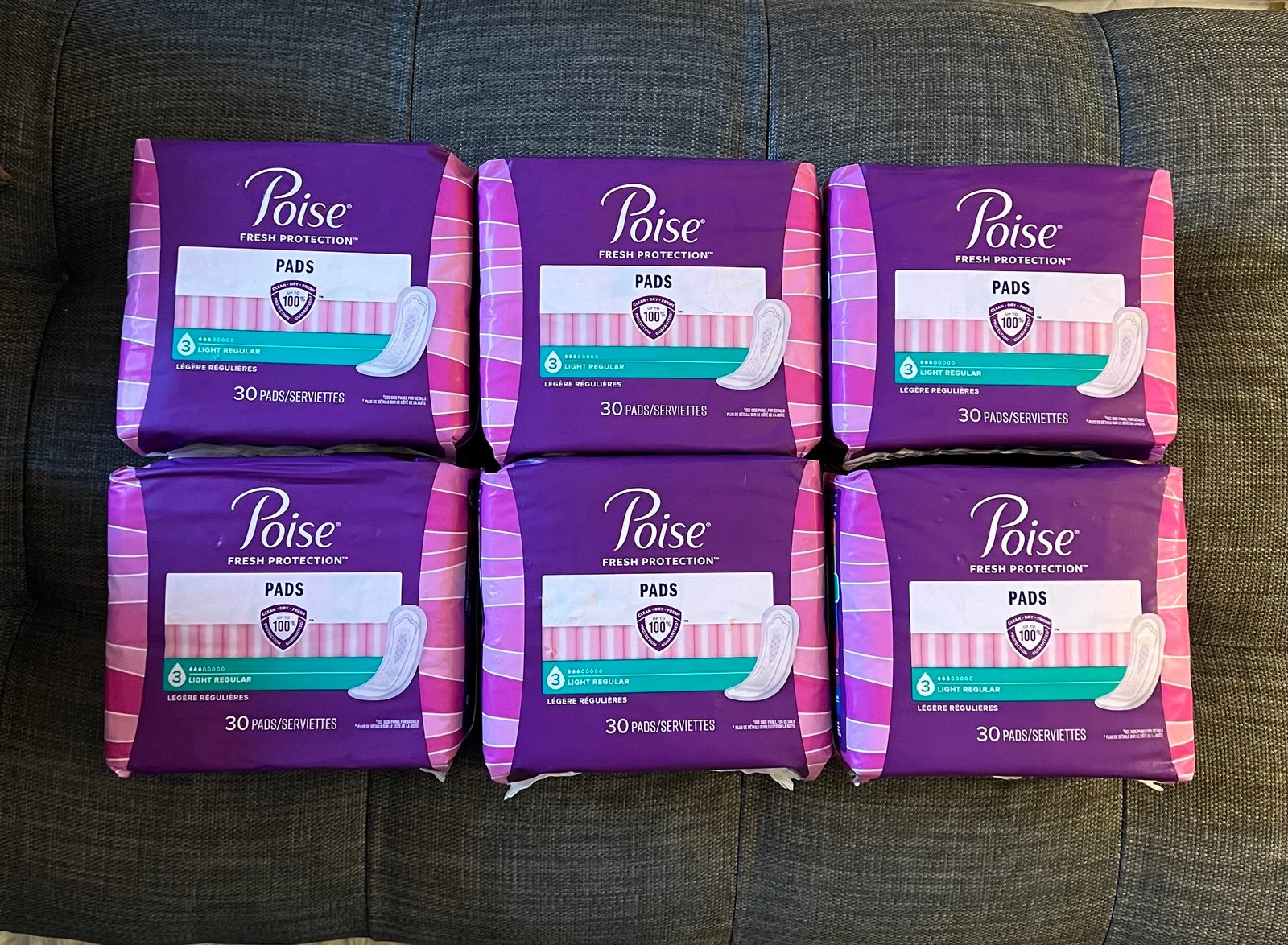 6 x Poise Pads 3 Drops Light Regular, 30 pads (180 pads total) 12ty07q0S