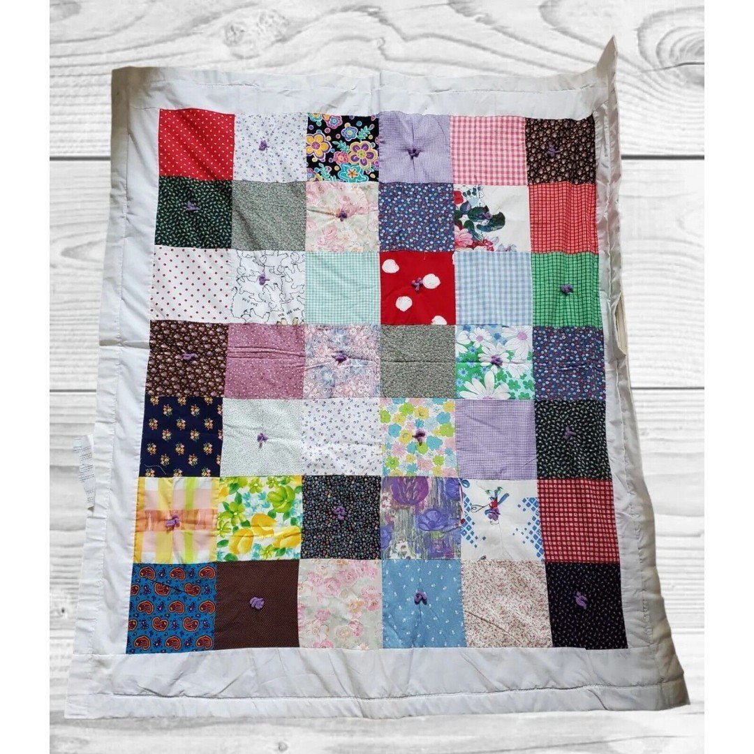 VTG Baby Quilt Handmade Multicolor Granny Square Patchwork Crib Blanket 56