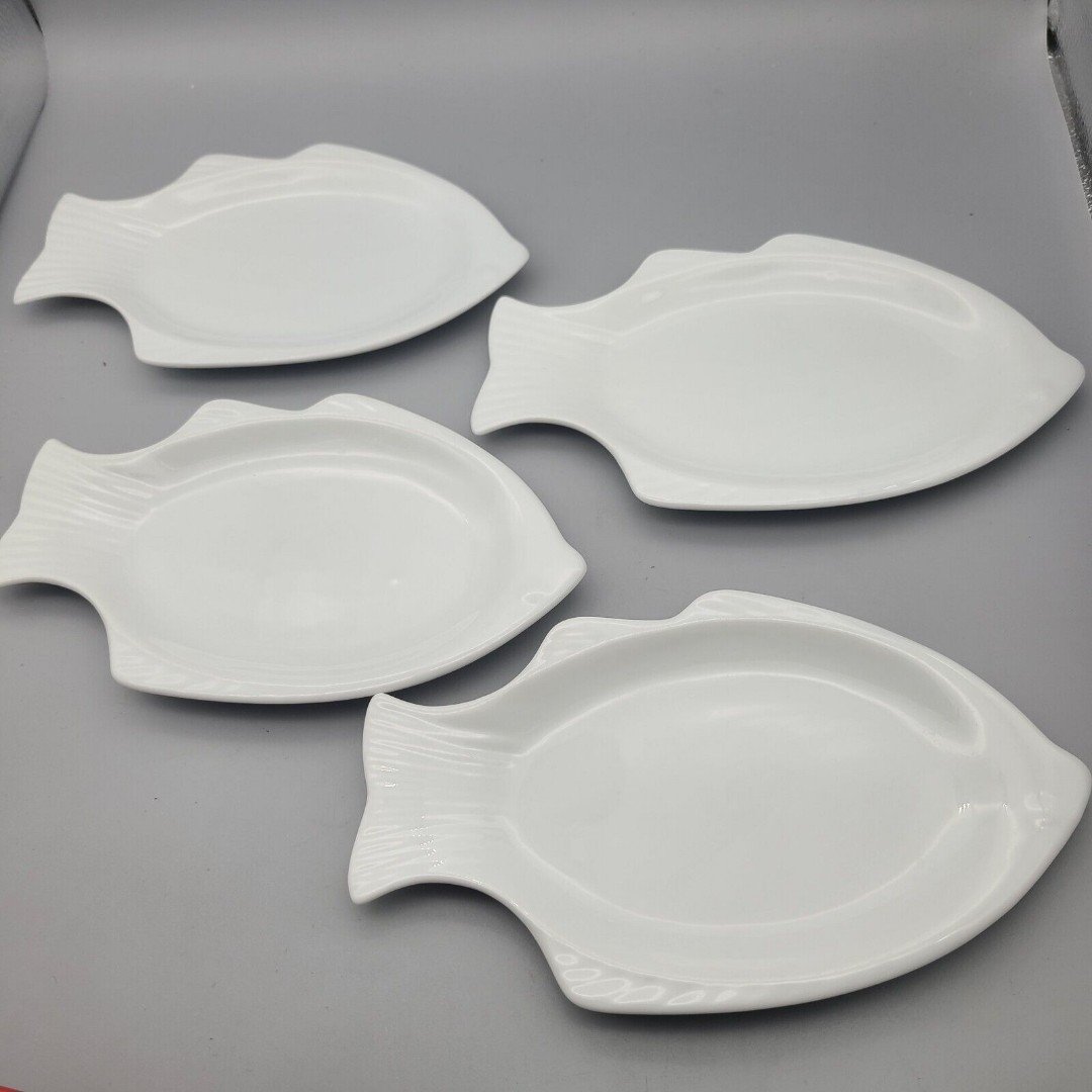 Williams-Sonoma Set (4) Fish Dish White Porcelain Plates Appetizer Sushi Gift 8whOhhCYl