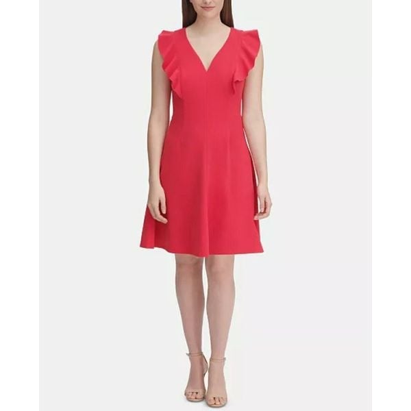 Tommy Hilfiger Red Ruffle-Sleeve Fit and Flare Dress FzNf2kBD8