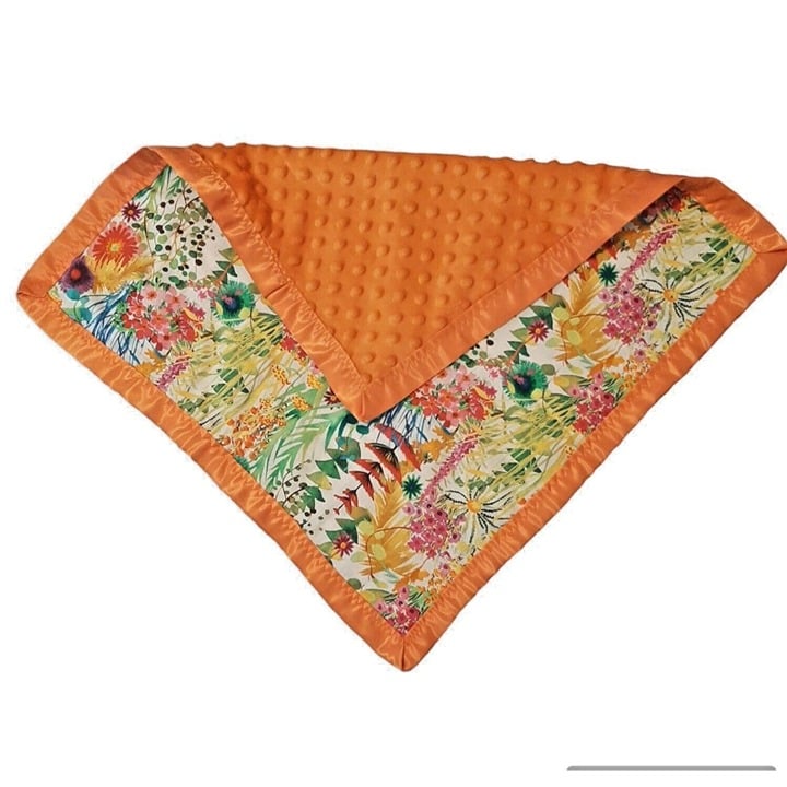 Orange and Floral Printed Lovey Small 18 Inch Square Baby Blanket Handmade FGBUSSbeT