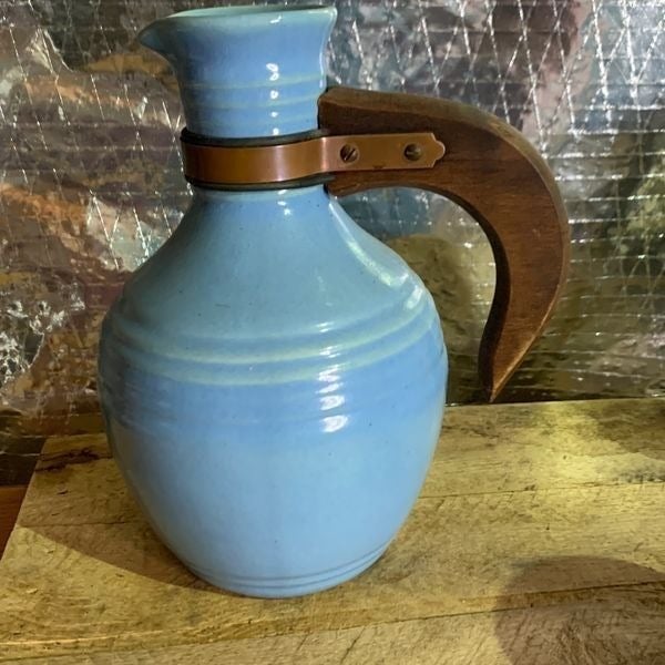 Vintage Pottery Pitcher with wood handle. cASnZsYK6
