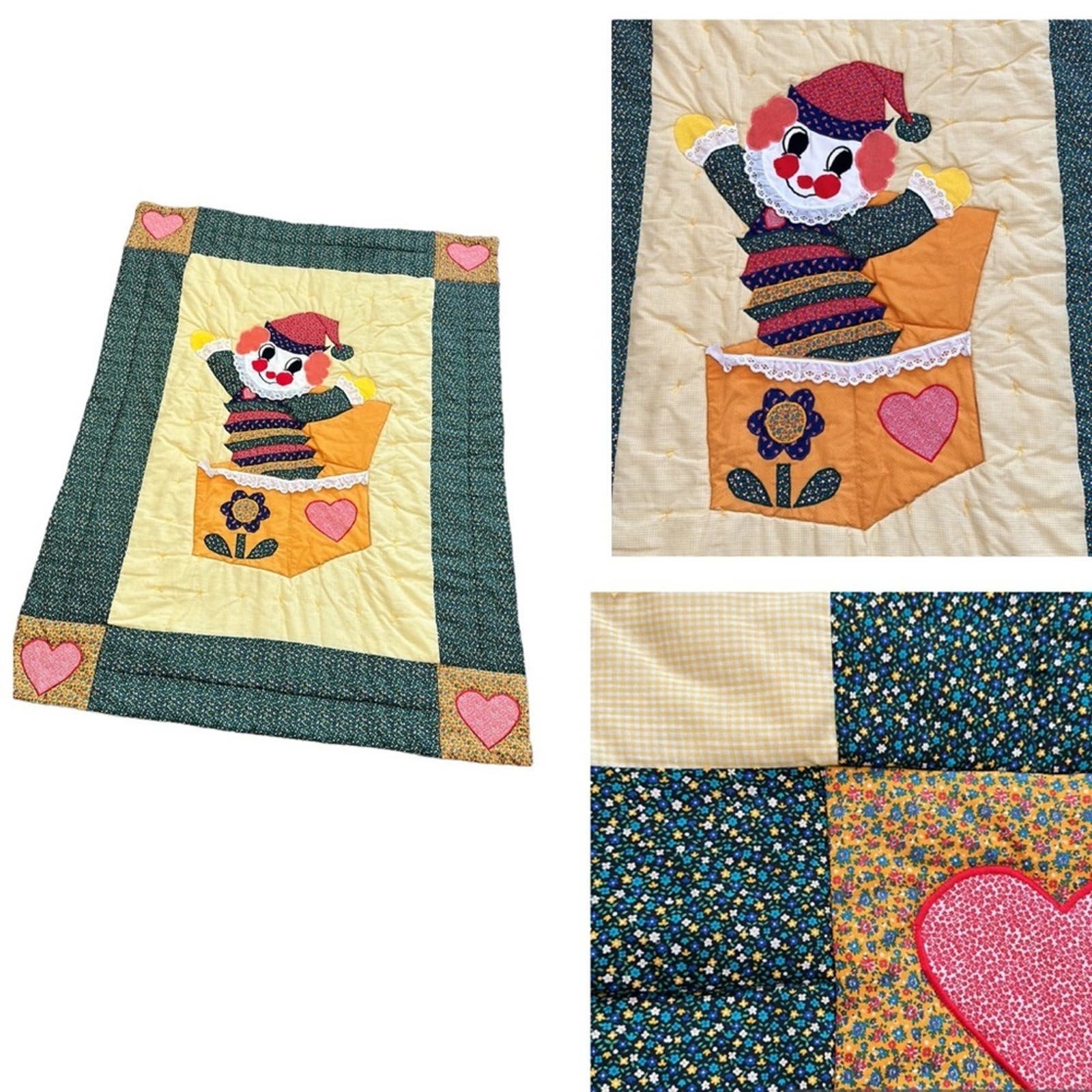 Vintage 70s/80s Handmade Quilt Baby Blanket Jack in the Box Patchwork 43”x57” e6oYr0km3