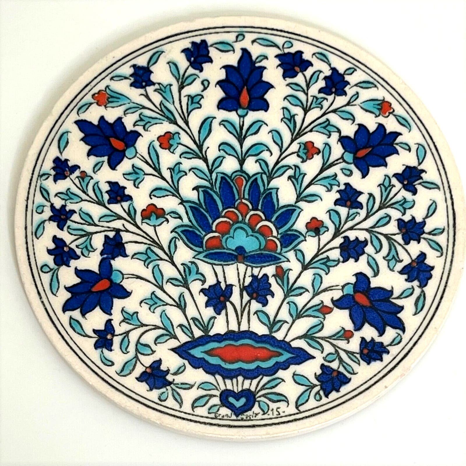 Turkey Grand Caglar Glazed Pottery Round Trivet Tile Blue Red Floral Motif DKGo5vqYC