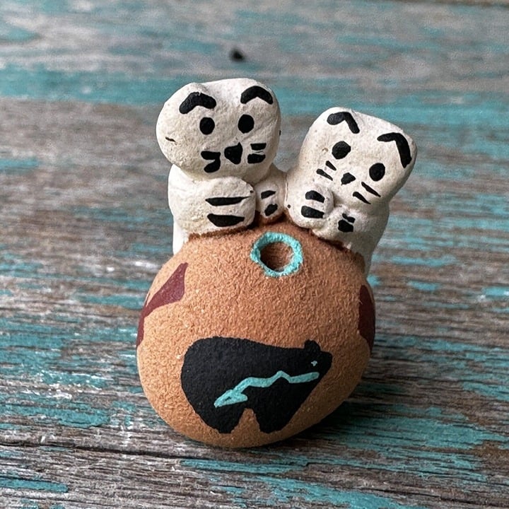 VTG Native American Style Storyteller Pottery Figurine Small Pot With Kitten Cat 0U65mgTms