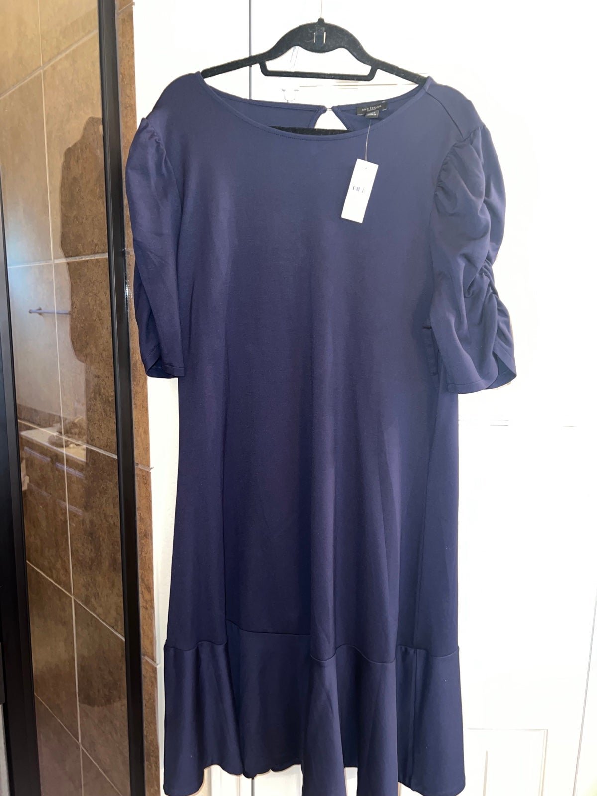 NWT Ann Taylor Factory Drop Waist Dress with ruched sleeves in Navy, XL 9SrRjfW2S