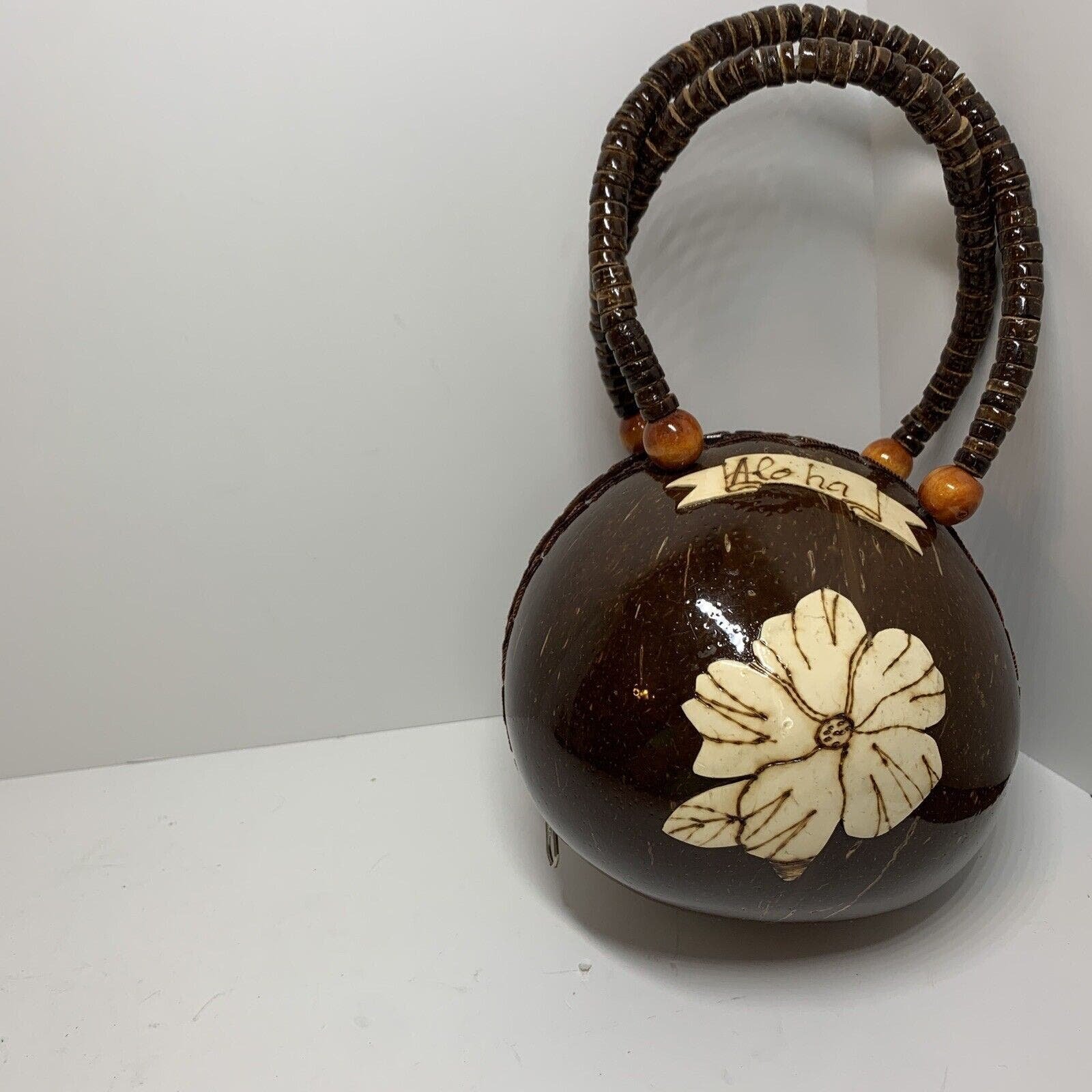 Hawaii Coconut Shell Purse Handbag Beaded Handle Lined Zip Closure EXccQ9qUN