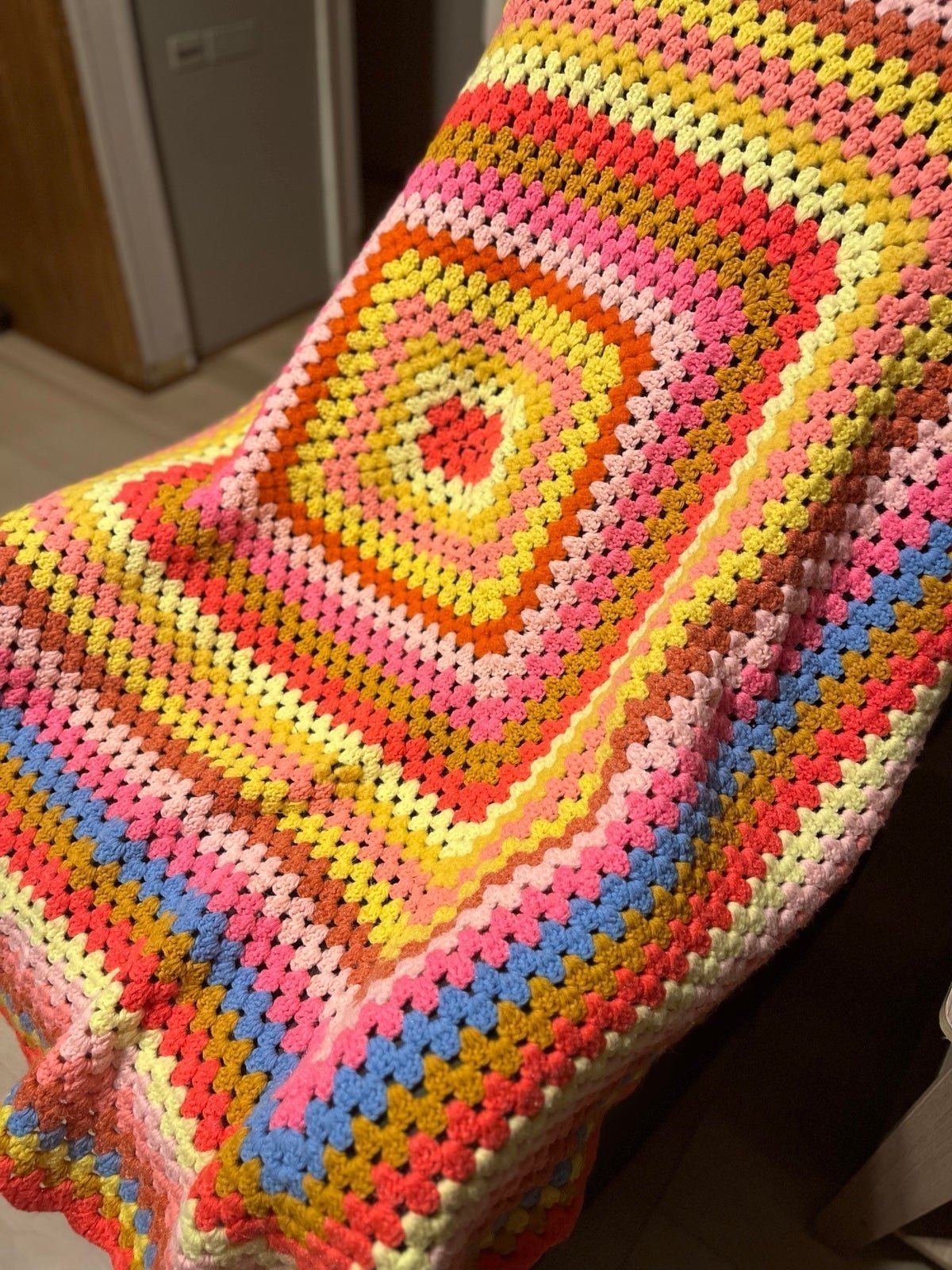 Antique Bright Colored Granny Square Crochet Afghan 7HC