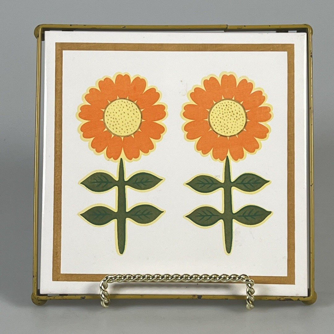 FM Trivet, Hot Plate Tile 2 Flowers Orange & Yellow 1970’s Japan 6.25” Mod 4c ecJY4GWuz