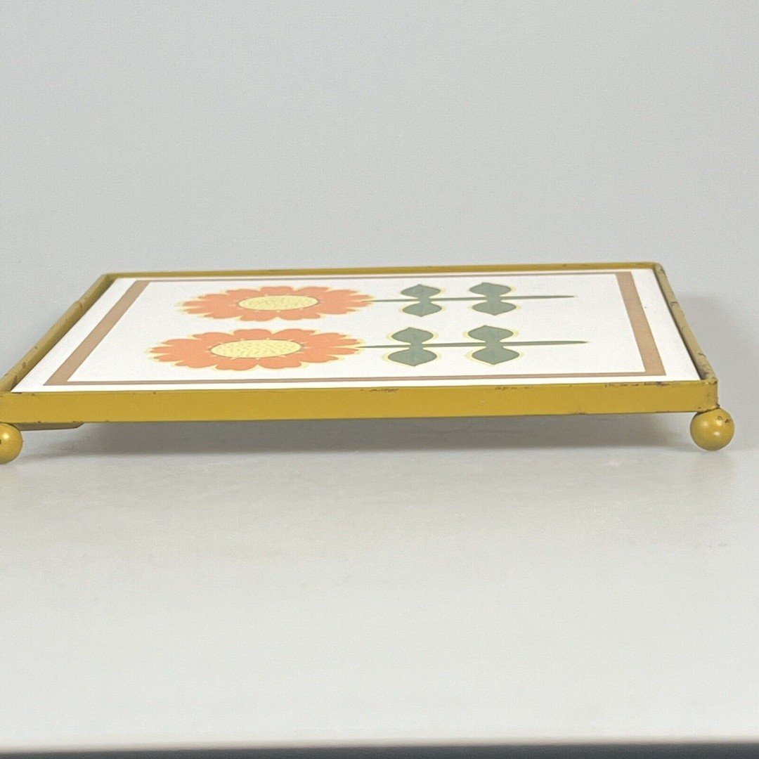 FM Trivet, Hot Plate Tile 2 Flowers Orange & Yellow 1970’s Japan 6.25” Mod 4c ecJY4GWuz
