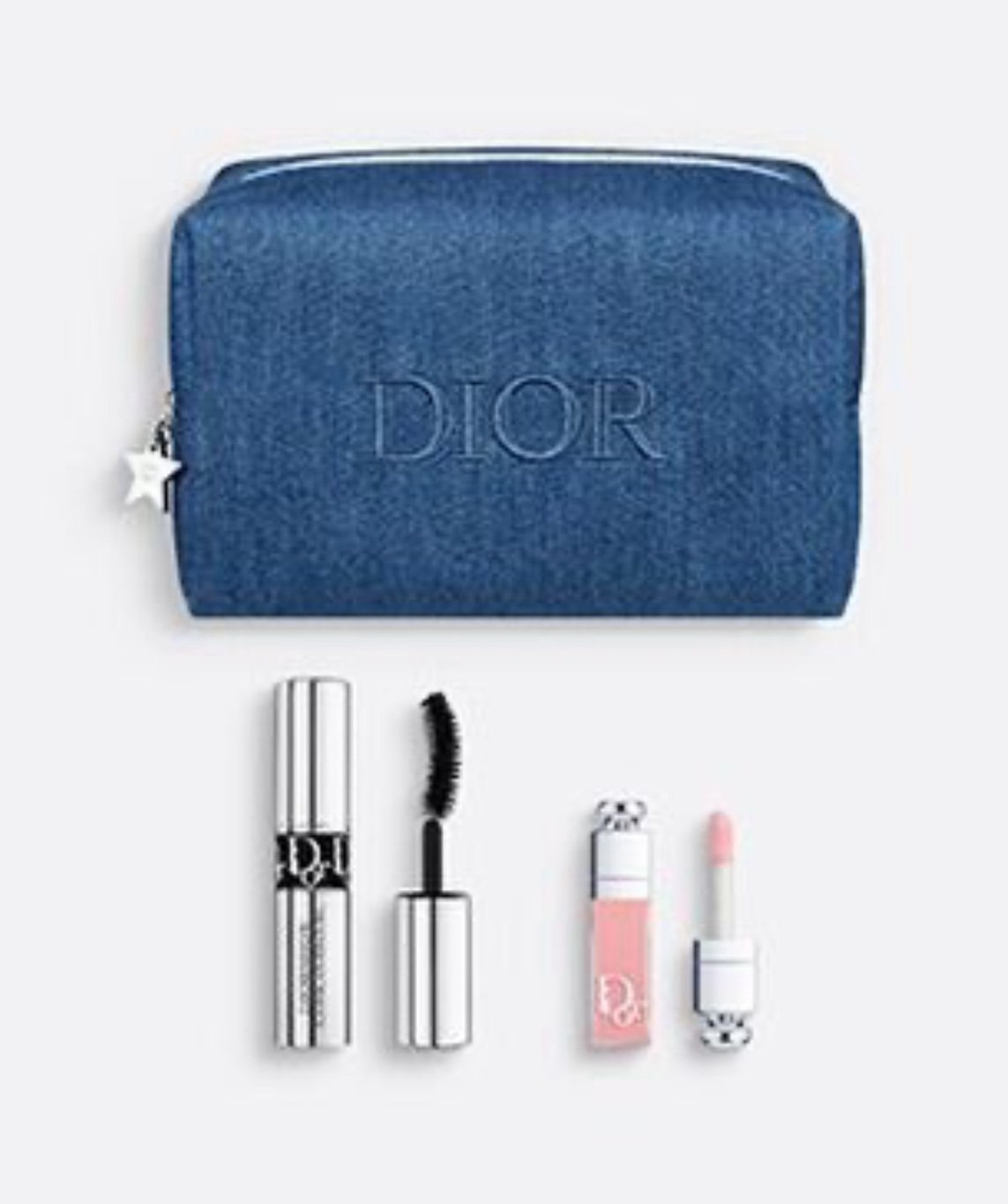 Dior denim makeup pouch, mini lip maximizer and mascara