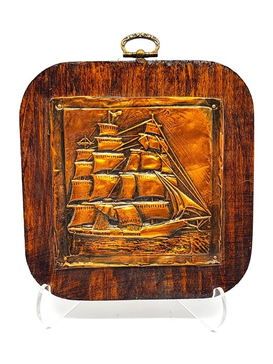 Copper Art Embossed Ship Vintage Mounted Wood with Wall Hanger Vintage Nautical fqgRY1X0D
