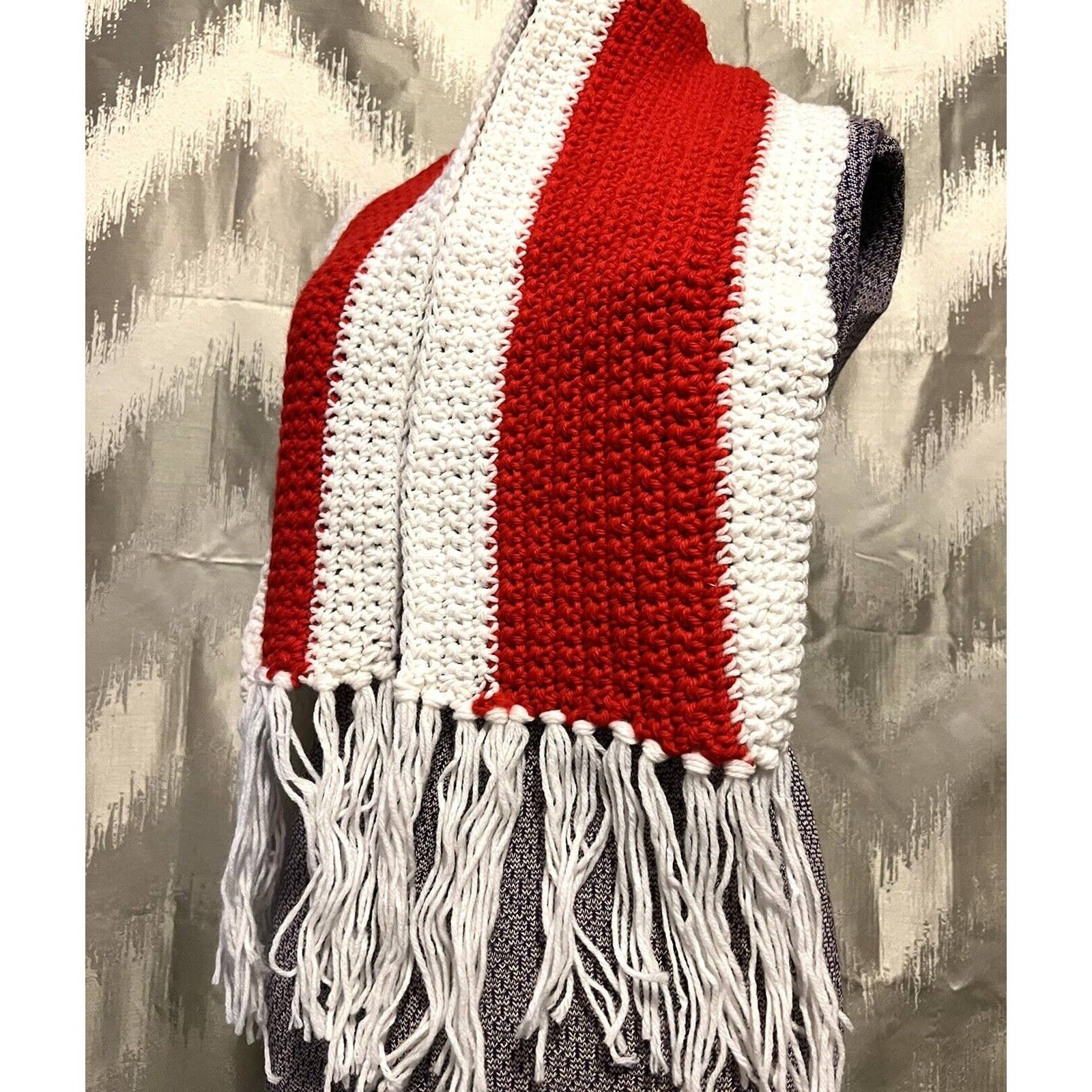 Handmade Crochet Knitted Red and White Striped Scarf With Fringe 58” eO0okUhaR