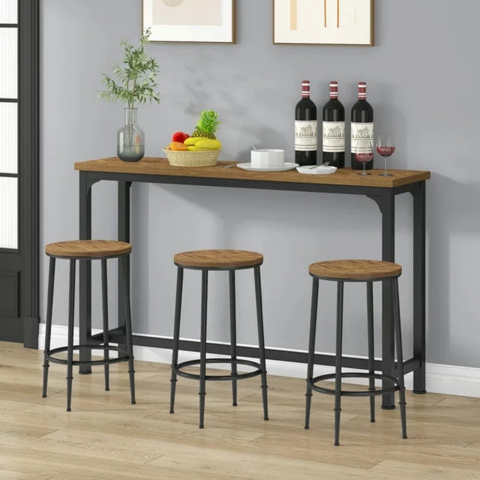 HOMYSHOPY Bar Table Set for 3, Kitchen Counter Height Table with 3 Stools, Brown ASwfayDCG